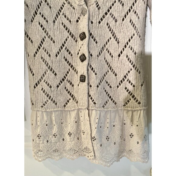 FREE PEOPLE Wool Eyelet Lace Ruffle Button Cardigan Womens S? Beige Boho Cottage - Picture 4 of 8